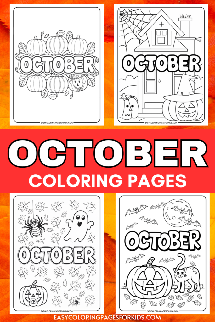 October-themed coloring pages featuring pumpkins, ghosts, and Halloween motifs, ideal for kids' creative activities. Each page is labeled with "October" and includes fun illustrations like haunted houses, spiders, and bats, perfect for seasonal enjoyment.