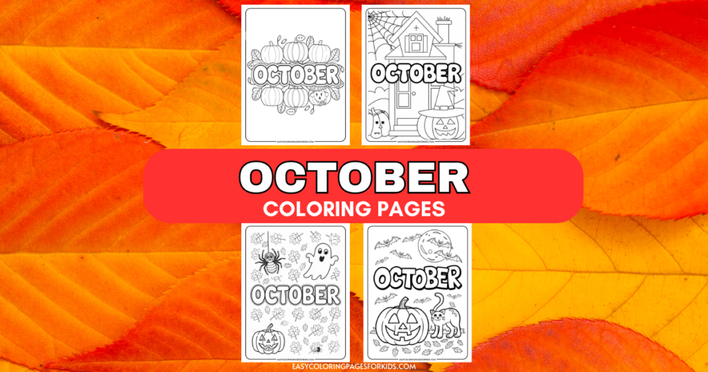 October coloring pages featuring seasonal designs such as pumpkins, haunted houses, spiders, and Halloween themes, set against a backdrop of autumn leaves. Ideal for kids' creative activities during the fall season.