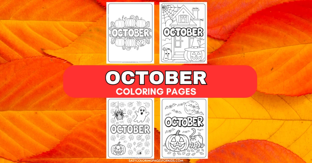 October coloring pages featuring seasonal designs such as pumpkins, haunted houses, spiders, and Halloween themes, set against a backdrop of autumn leaves. Ideal for kids' creative activities during the fall season.