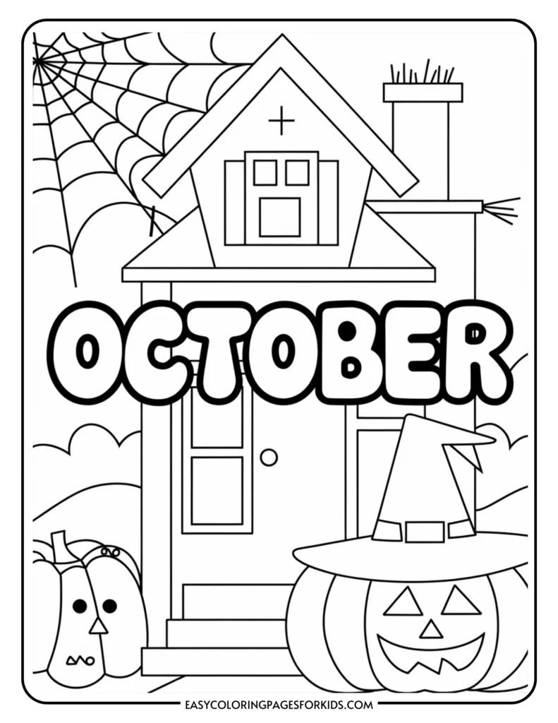 Coloring page featuring a spooky house, a pumpkin with a witch's hat, an owl, and a spider web, all themed for October.