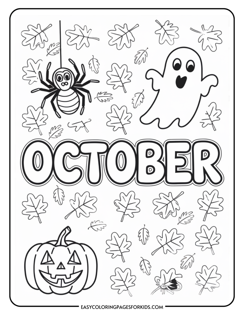 Coloring page for October featuring a pumpkin, spider, ghost, and falling leaves, designed for seasonal fun and creativity.