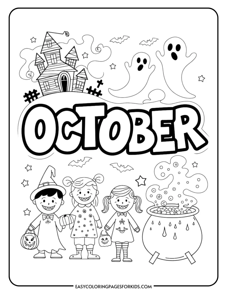 Coloring page featuring a Halloween theme with a haunted house, playful ghosts, and children in costumes holding candy buckets, labeled "October." Perfect for kids' Halloween activities.