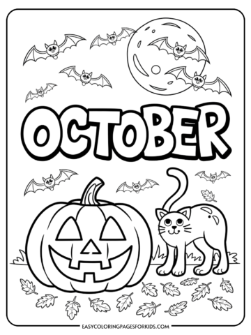 Coloring page featuring a pumpkin with a jack-o'-lantern face, a playful cat, and flying bats, all set against a backdrop of autumn leaves and a full moon, perfect for October-themed activities for kids.