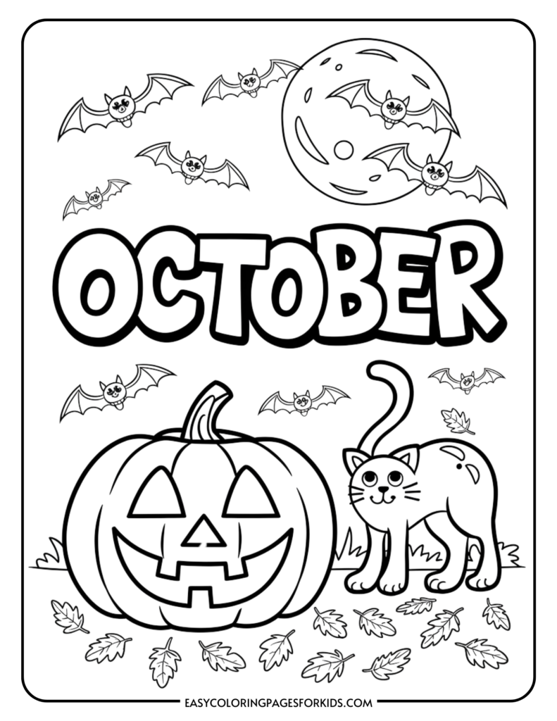 Coloring page featuring a pumpkin with a jack-o'-lantern face, a playful cat, and flying bats, all set against a backdrop of autumn leaves and a full moon, perfect for October-themed activities for kids.