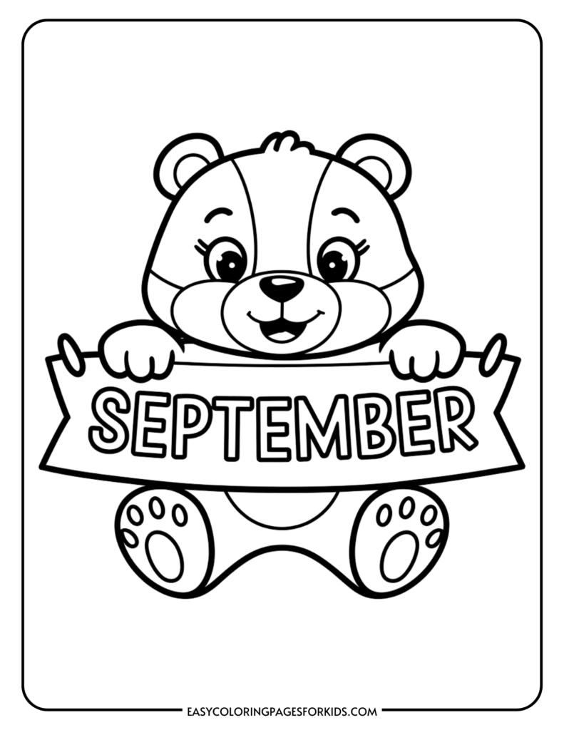 Cute bear cartoon holding a banner that says "September," designed for a children's coloring page. Ideal for seasonal activities and educational purposes.