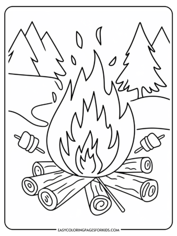 Coloring page featuring a campfire surrounded by logs, with mountains and pine trees in the background, ideal for kids' outdoor-themed activities.