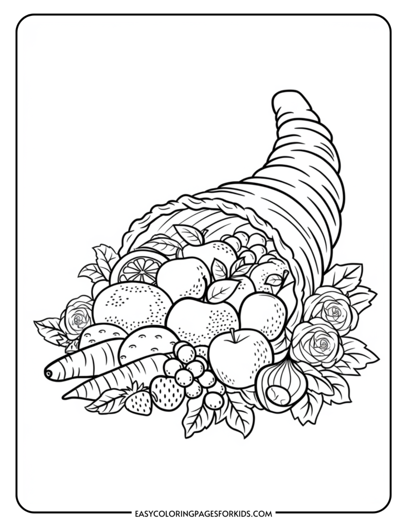 Black and white coloring page featuring a cornucopia filled with various fruits and vegetables, including apples, grapes, carrots, and flowers, ideal for kids' art activities.