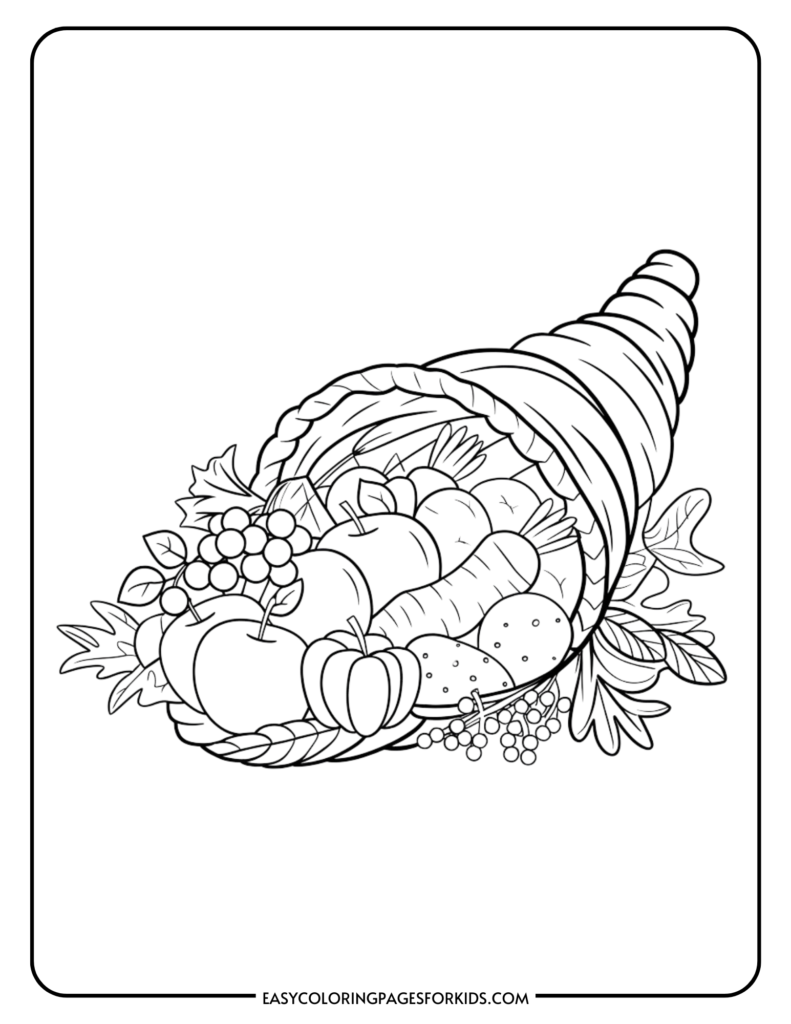 Line art illustration of a cornucopia filled with various fruits and vegetables, including apples, carrots, pumpkins, and grapes, perfect for a coloring activity for kids.