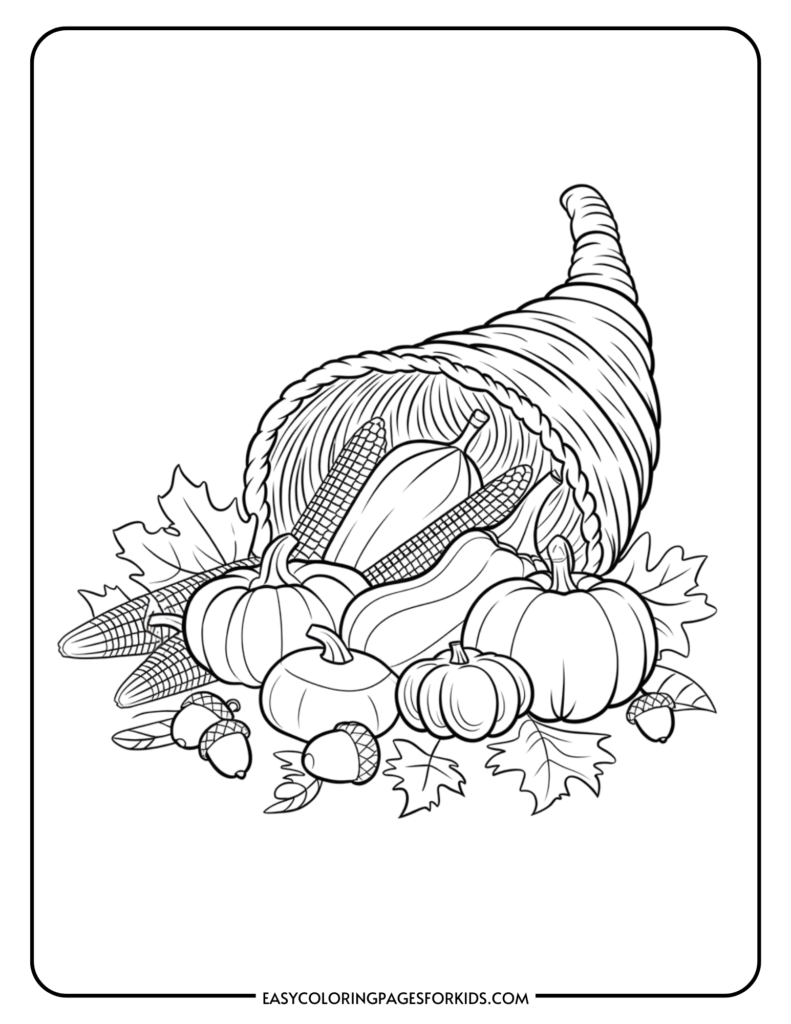 Line art illustration of a cornucopia filled with various pumpkins, corn, acorns, and autumn leaves, perfect for a Thanksgiving-themed coloring activity for kids.