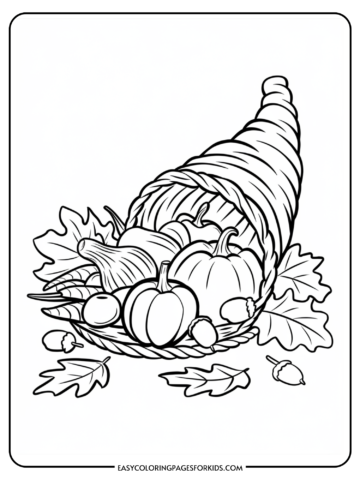 Cornucopia filled with pumpkins, gourds, acorns, and autumn leaves, designed for a coloring activity for kids.