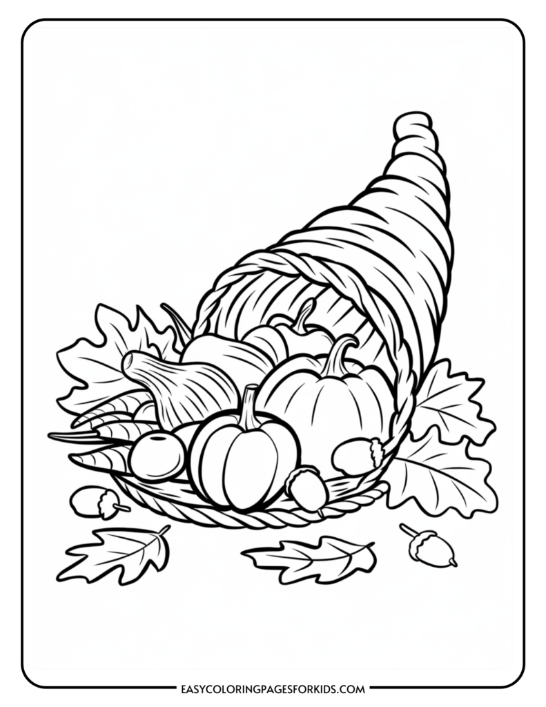 Cornucopia filled with pumpkins, gourds, acorns, and autumn leaves, designed for a coloring activity for kids.