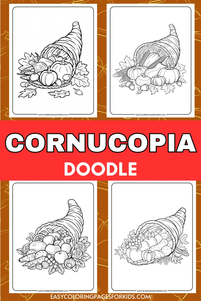 Cornucopia doodle illustration featuring four different designs of cornucopias filled with fruits and vegetables, ideal for coloring activities and Thanksgiving-themed art projects.