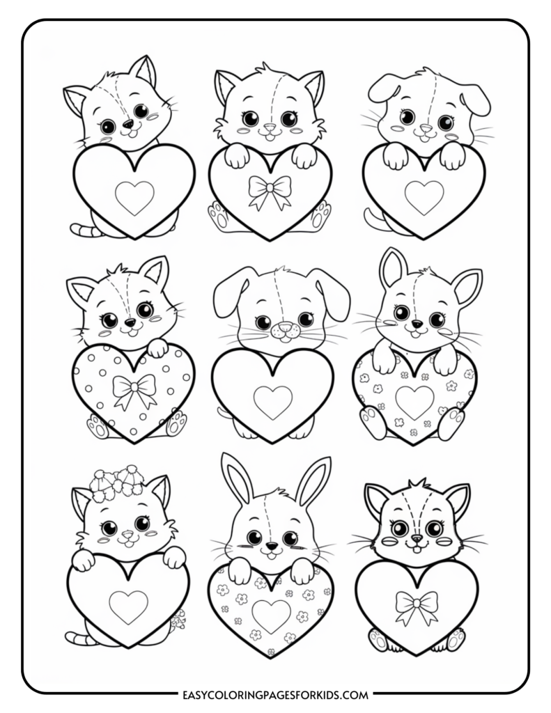 Coloring page featuring adorable cartoon animals including kittens, puppies, and a bunny, each holding a heart decorated with various patterns. Perfect for kids' art activities and enhancing creativity.