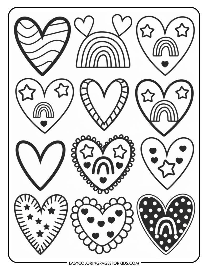 Coloring page featuring twelve black and white heart designs, each adorned with playful elements like rainbows, stars, and decorative patterns, ideal for kids' creative activities.