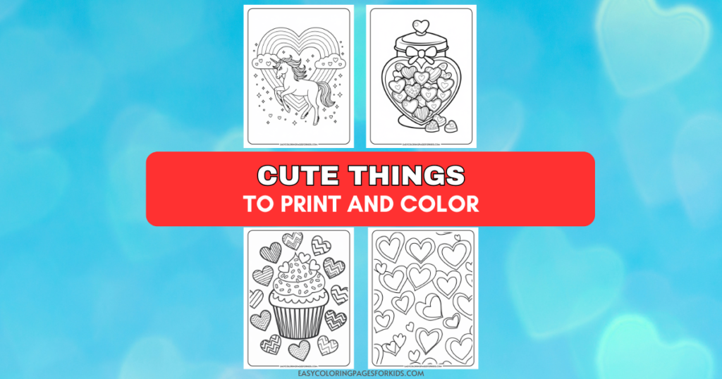 Coloring pages featuring cute designs such as a unicorn, a jar of hearts, a cupcake, and heart patterns, ideal for kids to print and color.