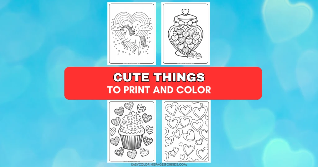 Coloring pages featuring cute designs such as a unicorn, a jar of hearts, a cupcake, and heart patterns, ideal for kids to print and color.