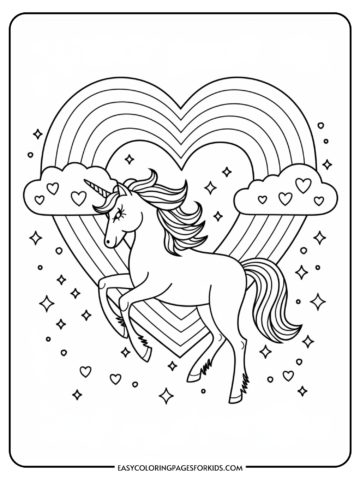 Coloring page featuring a whimsical unicorn prancing within a heart-shaped rainbow, surrounded by clouds and stars, ideal for children's art activities.