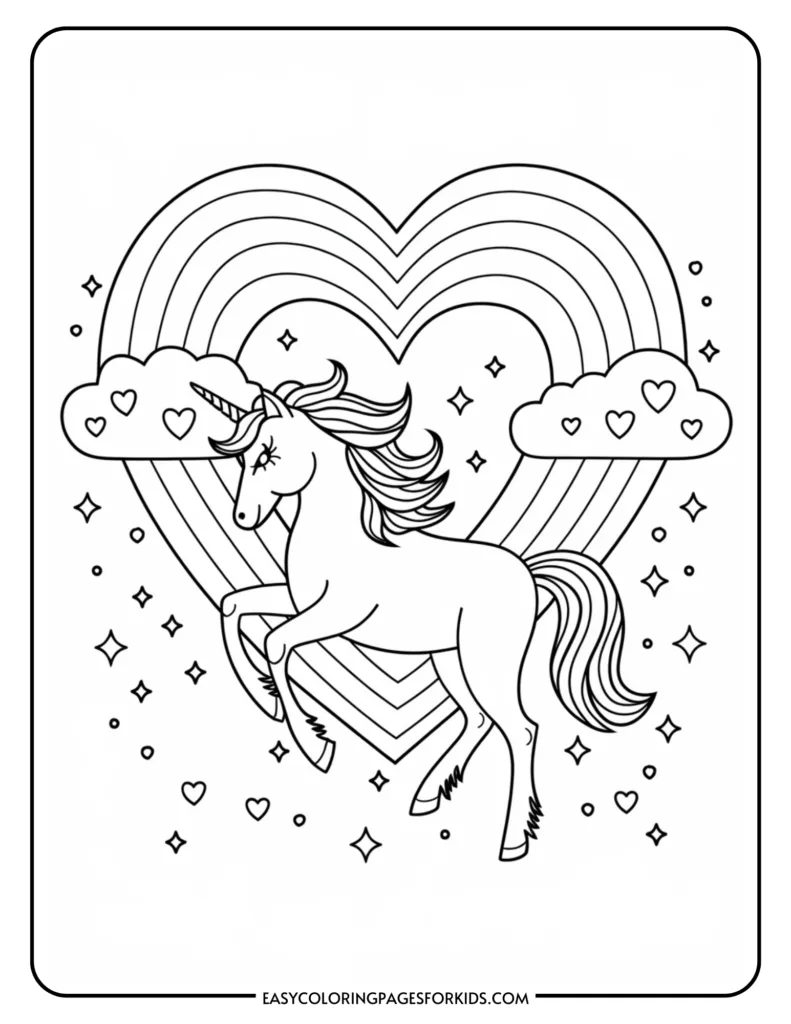 Coloring page featuring a whimsical unicorn prancing within a heart-shaped rainbow, surrounded by clouds and stars, ideal for children's art activities.