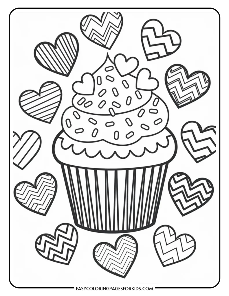 Line art illustration of a cupcake topped with frosting and sprinkles, surrounded by various heart shapes, ideal for coloring activities for kids.