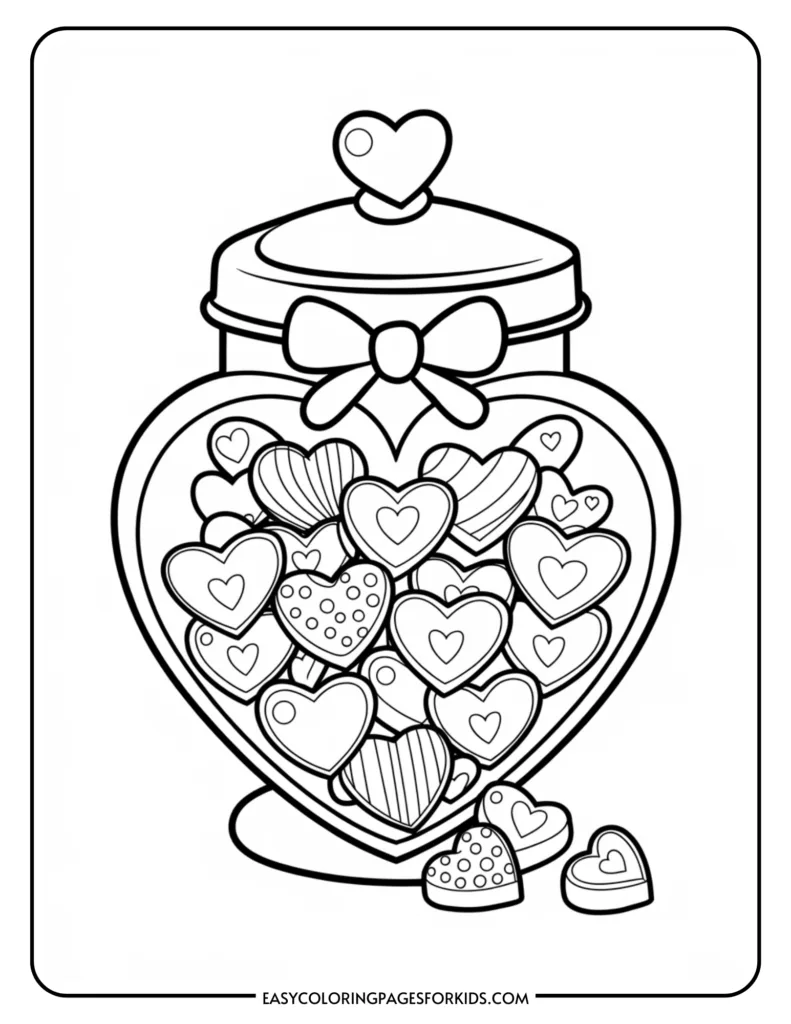 Coloring page featuring a heart-shaped jar filled with various decorative heart candies, perfect for kids' activities and Valentine's Day crafts.