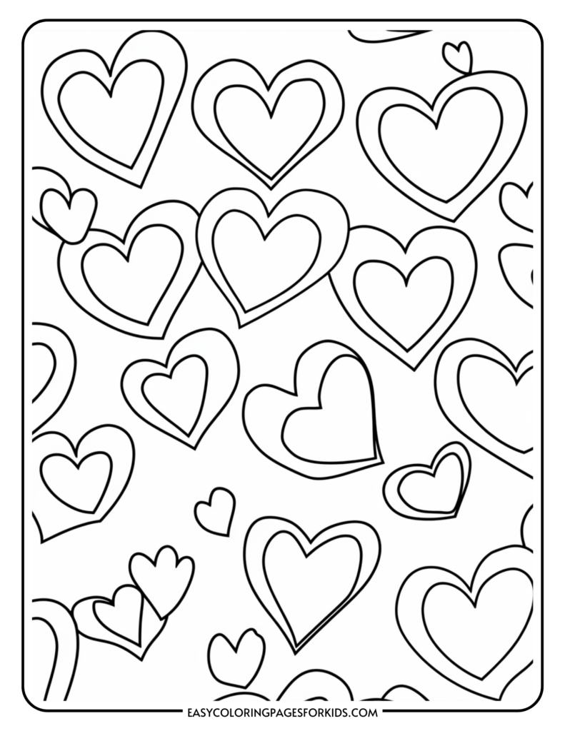 Coloring page featuring a variety of heart shapes in different sizes, designed for kids to enjoy creative coloring activities. Ideal for Valentine's Day or any occasion celebrating love and friendship.