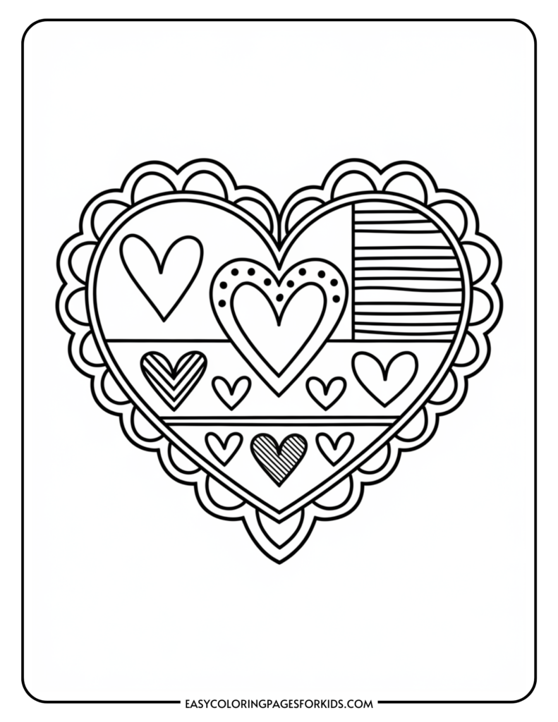 Coloring page featuring a large heart design with various smaller hearts inside, surrounded by a decorative scalloped border. Ideal for kids' art and craft activities.