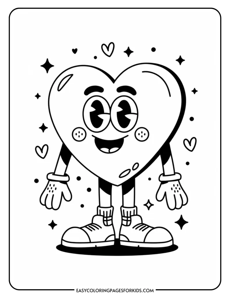 Cute cartoon heart character with arms and legs, smiling and surrounded by stars and small hearts, ideal for kids' coloring activities.