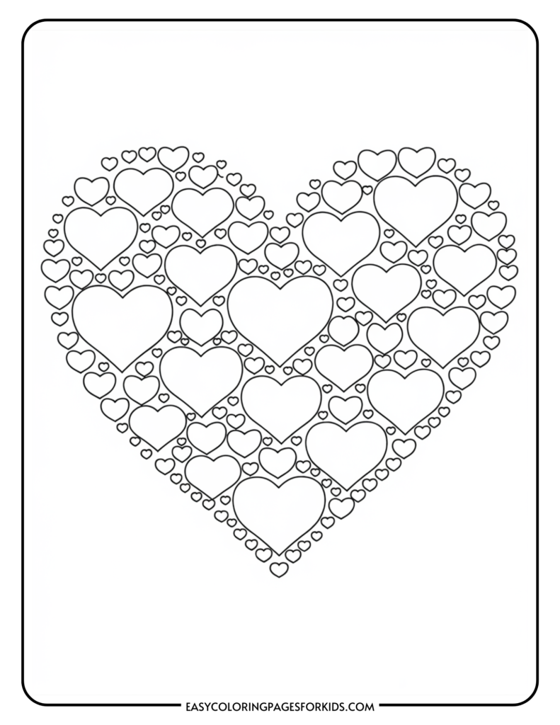 Black and white coloring page featuring a heart shape filled with smaller hearts, ideal for kids' art and craft activities.