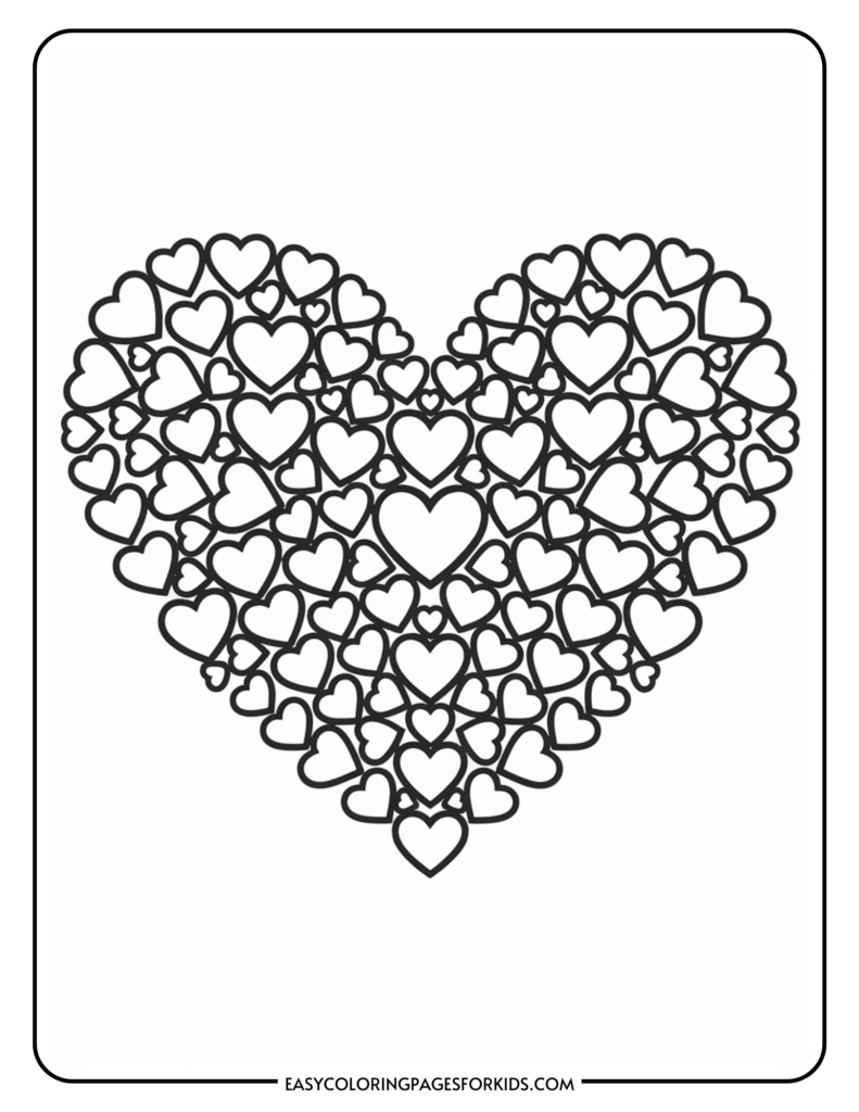 Coloring page featuring a large heart shape filled with smaller hearts, designed for kids' creative activities. Ideal for fun and educational coloring projects.