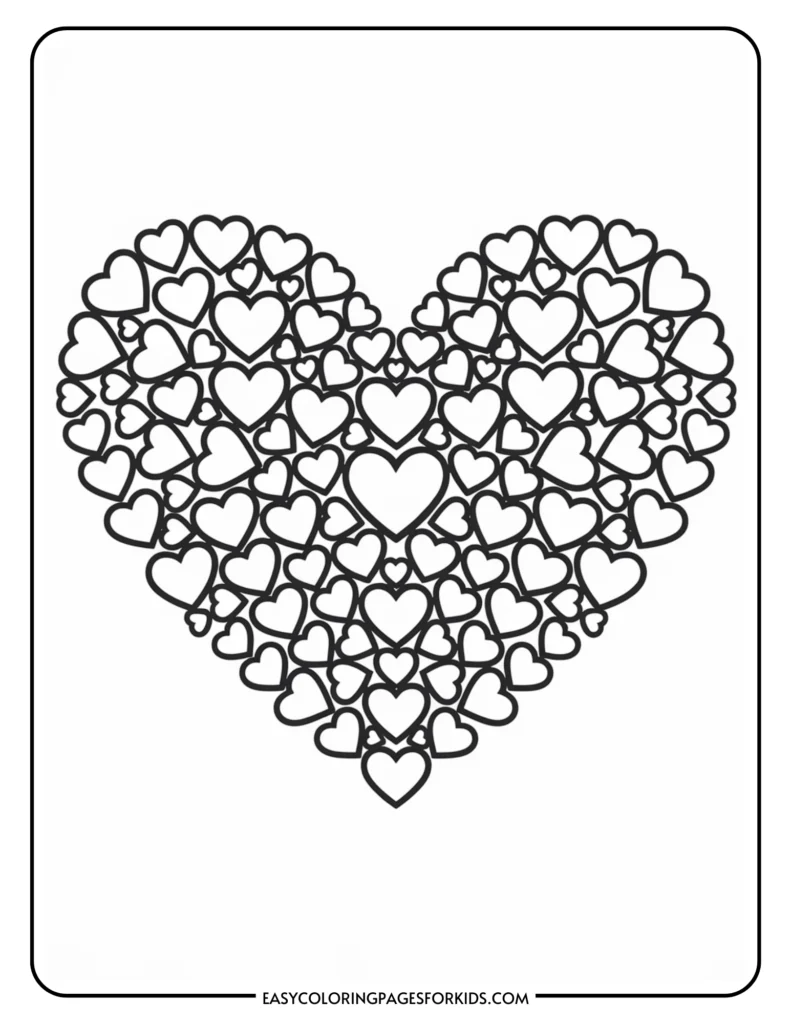 Coloring page featuring a large heart shape filled with smaller hearts, designed for kids' creative activities. Ideal for fun and educational coloring projects.