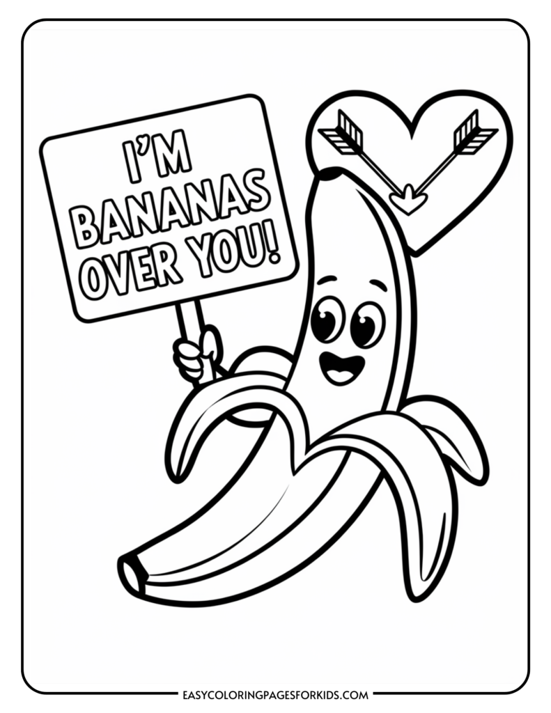 Cartoon banana character holding a sign that reads "I'm bananas over you!" with a heart and arrows, designed for a fun and playful theme. Ideal for Valentine's Day or humorous greetings.