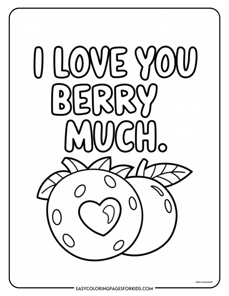 Coloring page featuring the phrase "I Love You Berry Much" with illustrations of strawberries and leaves, perfect for kids' activities and Valentine's Day crafts.