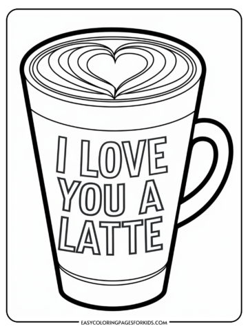 Illustration of a coffee cup with the text "I Love You A Latte" and a heart-shaped latte art design, perfect for coffee lovers and Valentine’s Day themes.