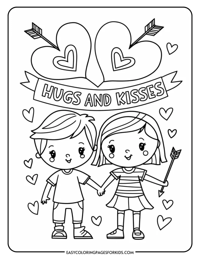 Coloring page featuring two children holding hands under the text "Hugs and Kisses," surrounded by hearts and arrows, ideal for kids' art activities.