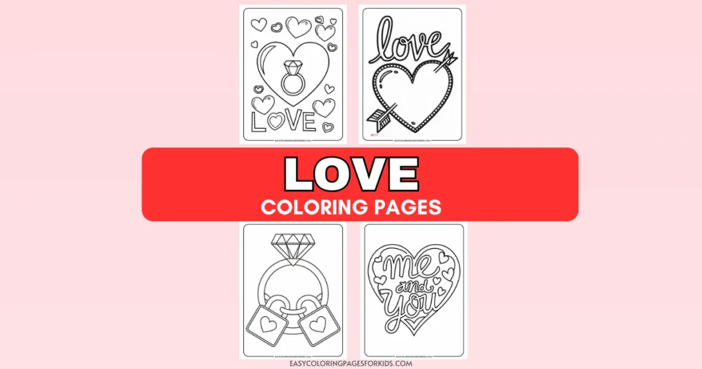 Love-themed coloring pages featuring heart designs, rings, and the phrase "me and you," perfect for kids to express creativity and celebrate love.