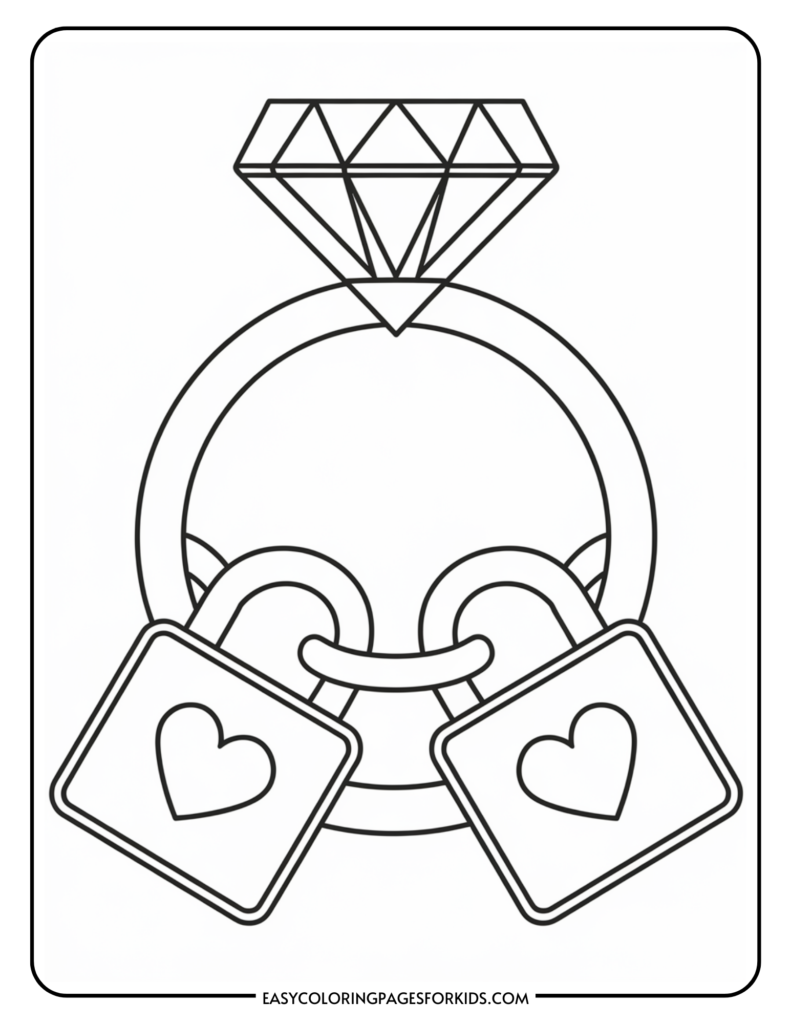 Line art illustration of a diamond ring surrounded by heart-shaped padlocks, symbolizing love and commitment. Ideal for coloring activities for kids.