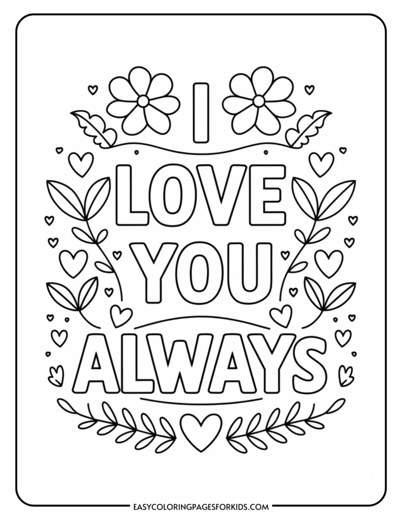 Black and white coloring page featuring the phrase "I Love You Always" surrounded by decorative flowers, hearts, and leaves, ideal for kids' art activities and expressions of love.