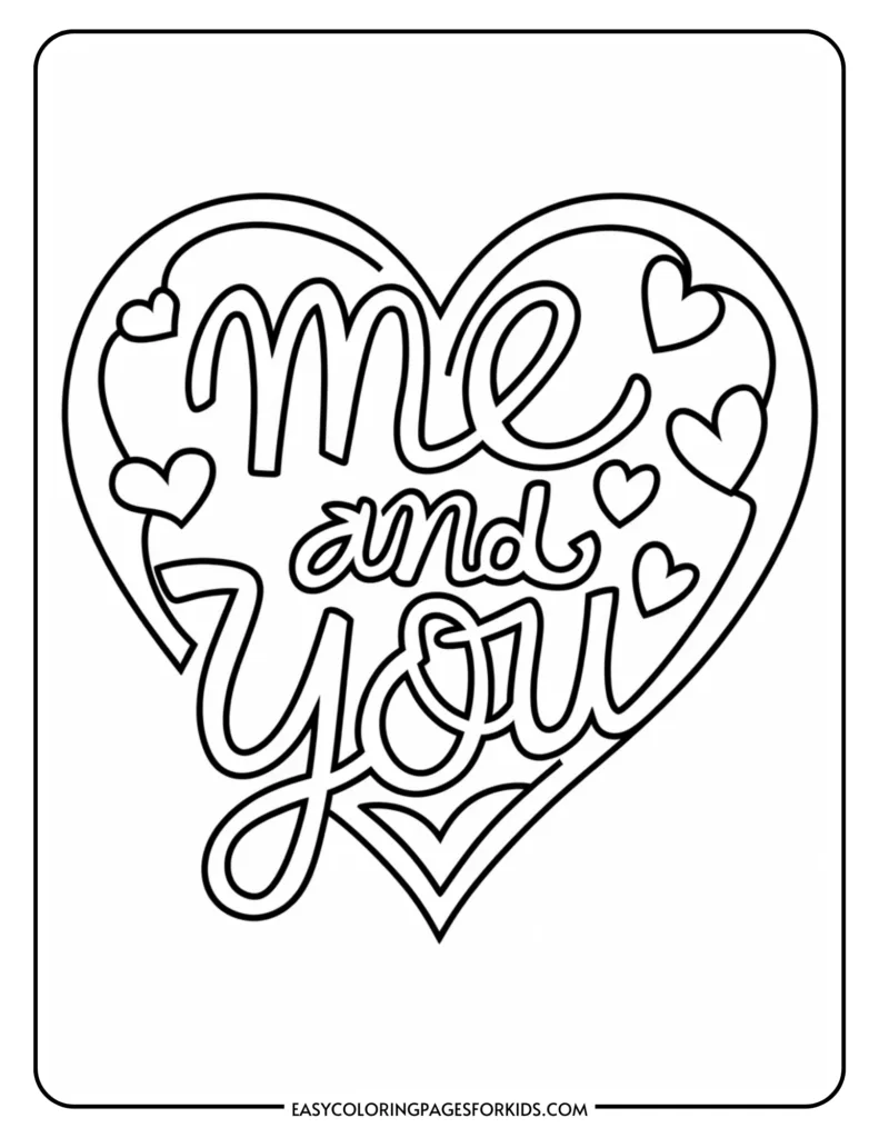 Coloring page featuring the phrase "Me and You" inside a heart shape, surrounded by smaller hearts, ideal for kids' art activities.