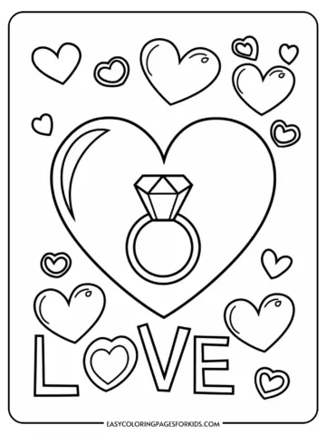 Black and white coloring page featuring a large heart, a diamond ring, and the word 