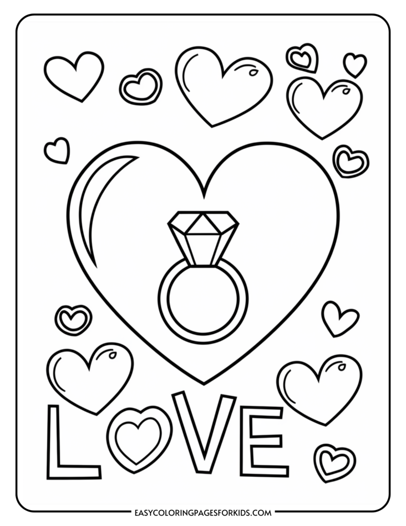 Black and white coloring page featuring a large heart, a diamond ring, and the word "LOVE" surrounded by smaller hearts, ideal for kids' art activities and Valentine's Day themes.