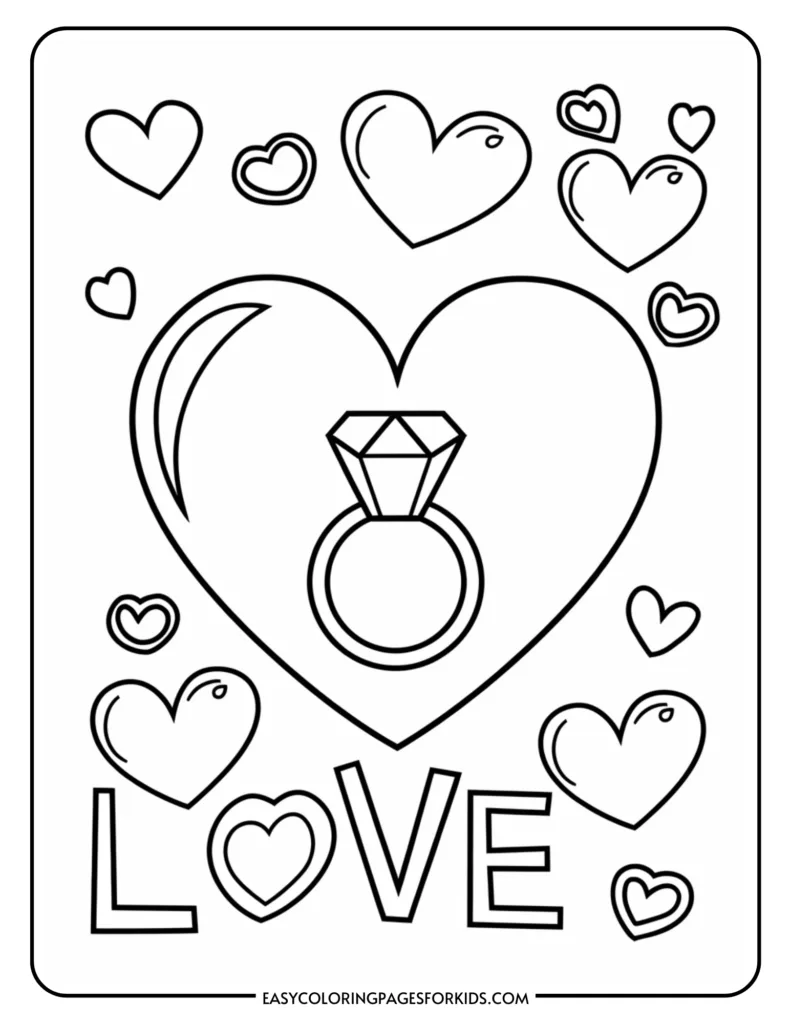 Black and white coloring page featuring a large heart, a diamond ring, and the word "LOVE" surrounded by smaller hearts, ideal for kids' art activities and Valentine's Day themes.