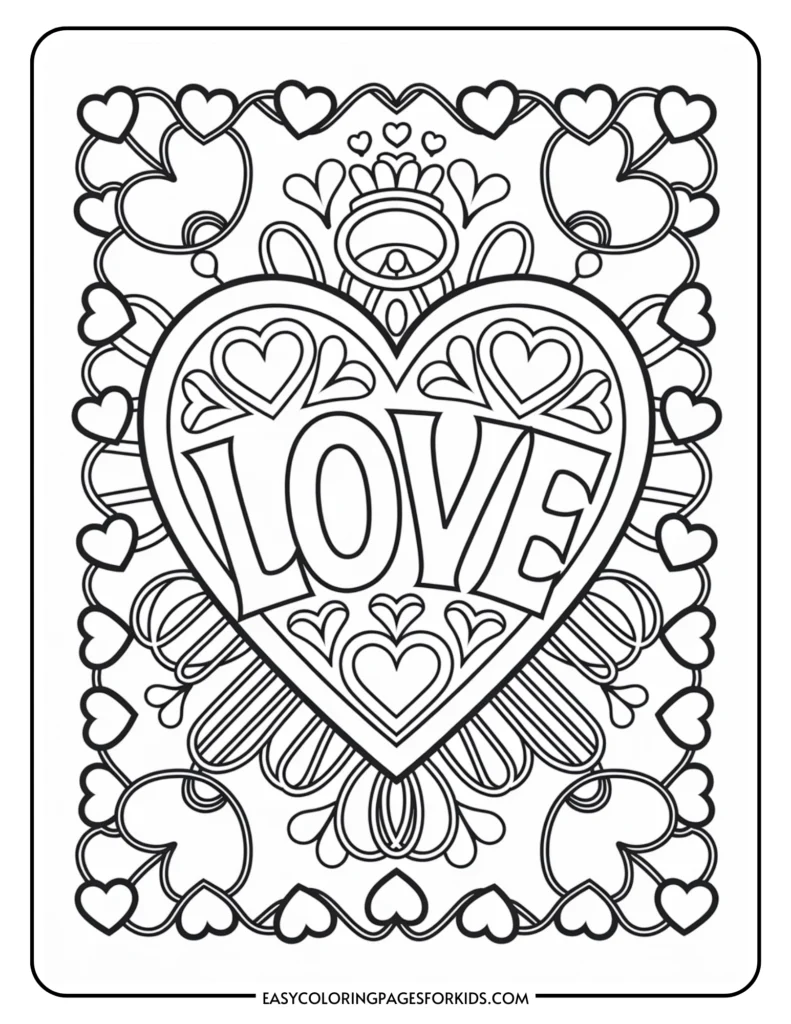 Coloring page featuring a decorative heart with the word "LOVE" at its center, surrounded by intricate patterns and smaller hearts, ideal for kids' art activities.