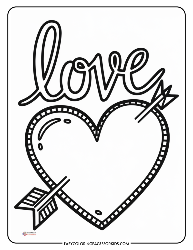 Black and white coloring page featuring the word "love" and a heart pierced by an arrow, designed for kids' creative activities.