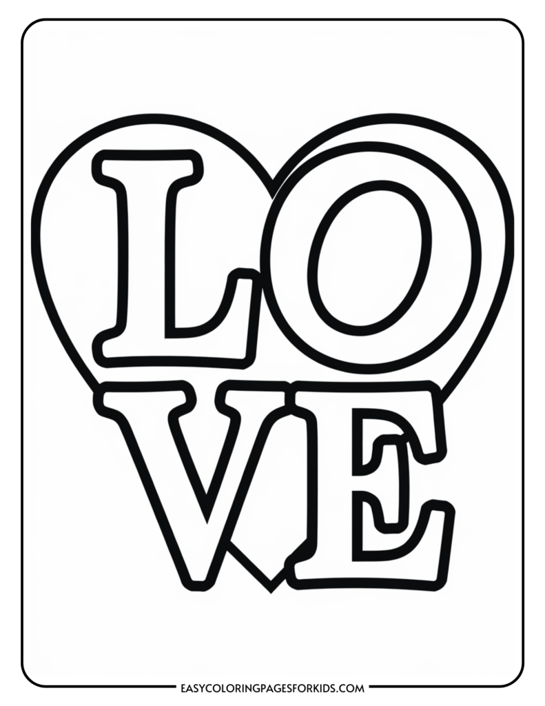 Coloring page featuring the word "LOVE" in a bold, playful font surrounded by a heart outline, perfect for kids' art activities.