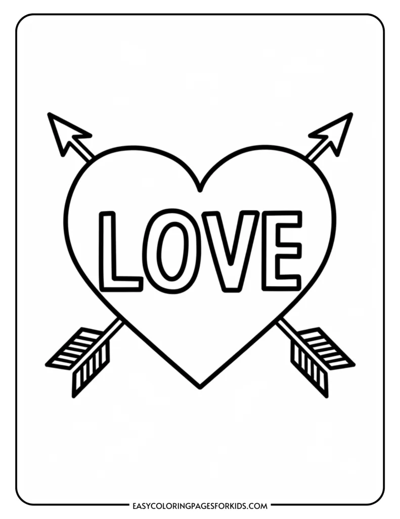 Black and white coloring page featuring a heart with the word "LOVE" in the center, surrounded by two arrows. Ideal for kids' art activities and Valentine's Day crafts.