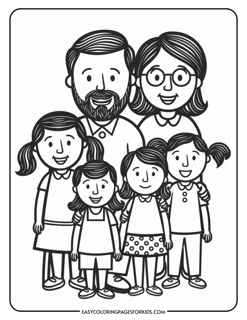 A cheerful family portrait featuring a father, mother, and three daughters, all smiling together. The illustration is in a black and white coloring book style, perfect for kids' coloring activities.