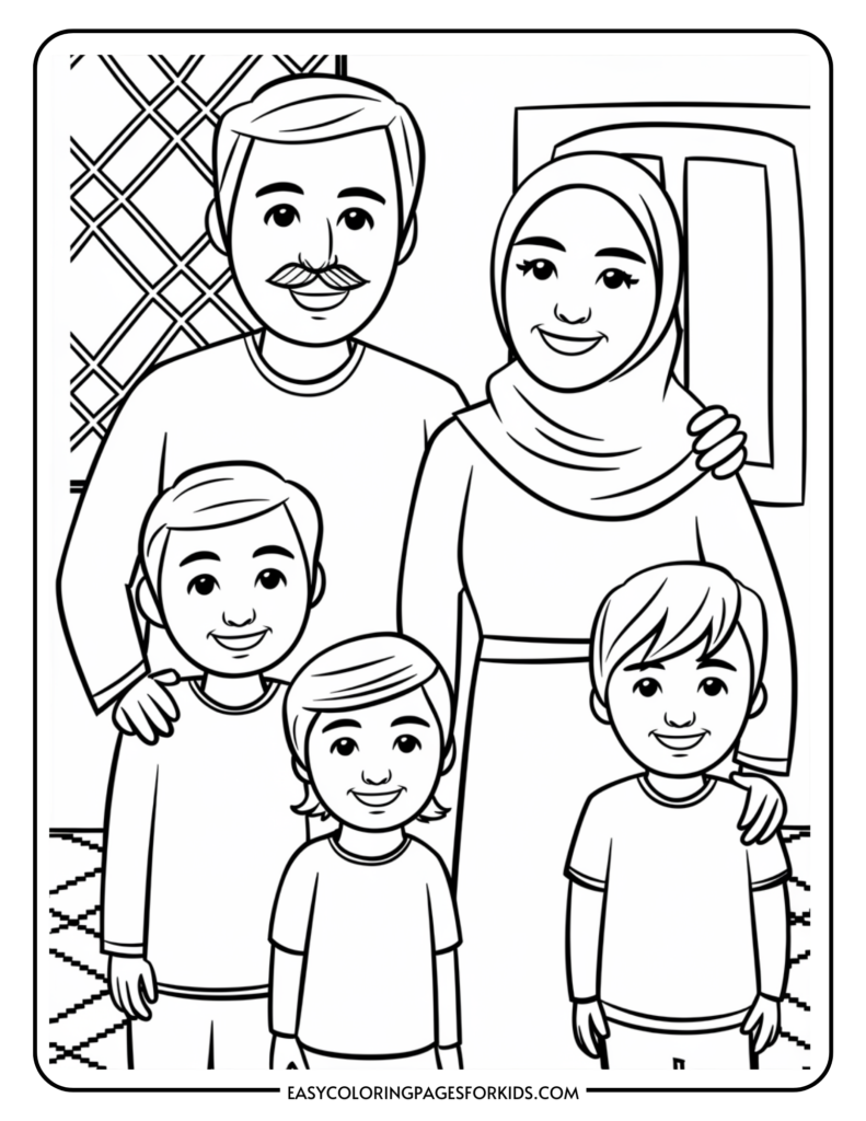 Family coloring page featuring a smiling family of five, including a father, mother in a hijab, and three children, set against a simple background. Ideal for kids' art activities and educational resources.