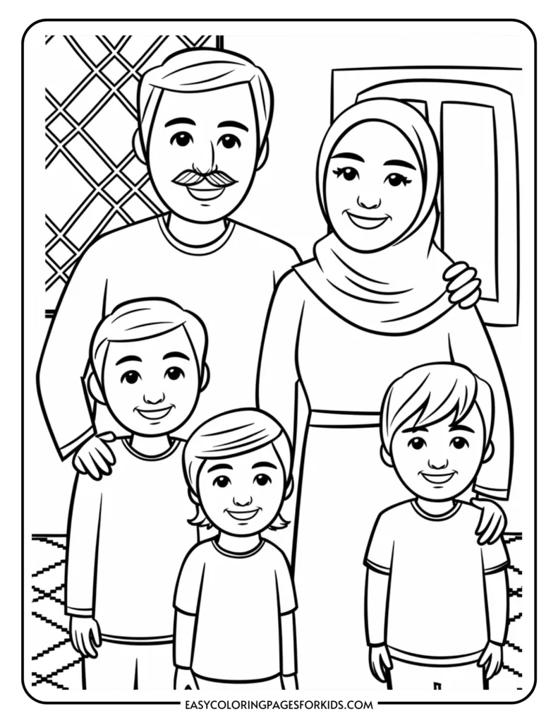 Family coloring page featuring a smiling family of five, including a father, mother in a hijab, and three children, set against a simple background. Ideal for kids' art activities and educational resources.