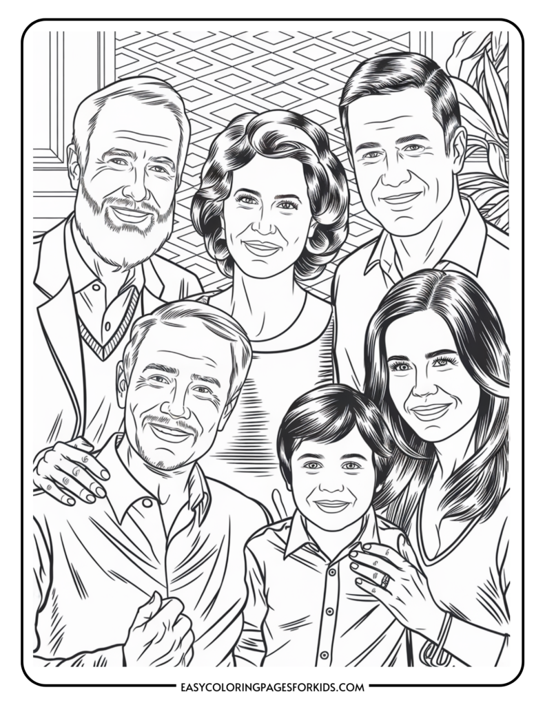 Black and white coloring page featuring a cheerful family portrait with five members, including two adults, a child, and two women, set against a decorative background. Ideal for kids' coloring activities.