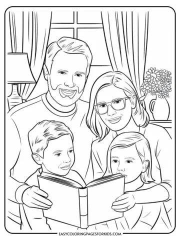 Family coloring page featuring a smiling family of four reading a book together at home, with a window and flowers in the background. Ideal for kids' activities and educational themes.